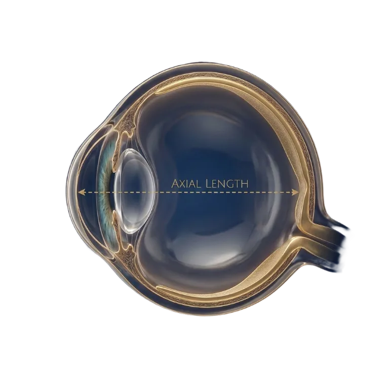 Cross-section of the eye showing axial length, front to back